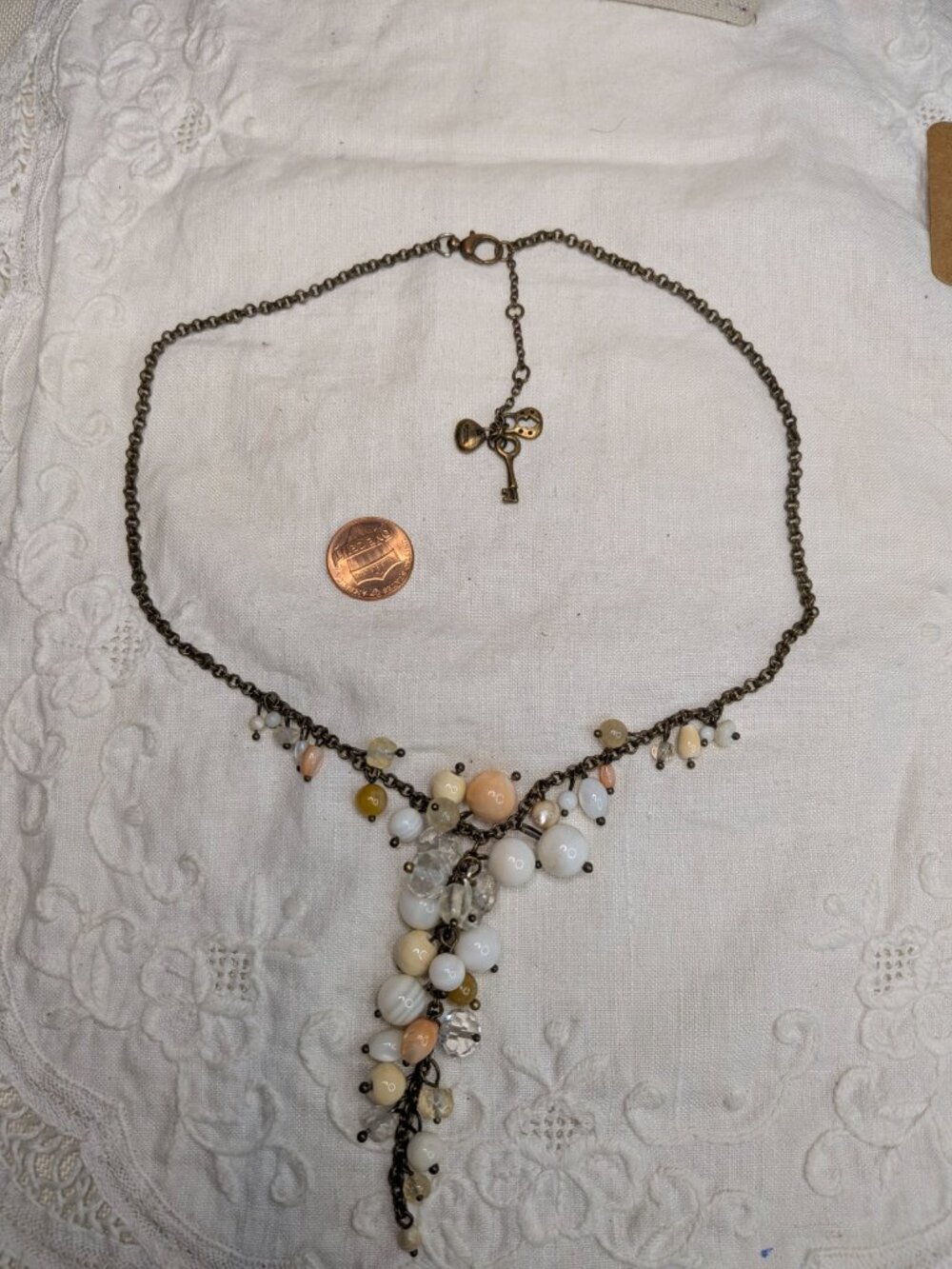 Fossil Antiqued Brass Y Necklace – Heart, Key & Lock Charms